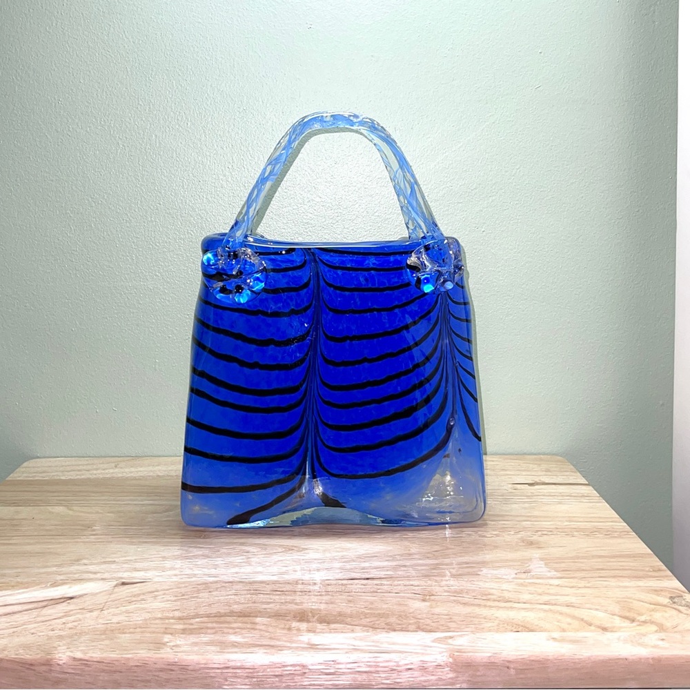 12" Blue Stripe Decor Glass Handbag Purse Vase Hand Blown Murano Style